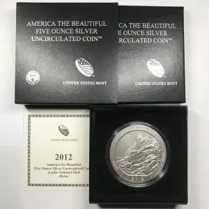2012-P Acadia ATB 5 oz Silver Uncirculated Coin w/ US Mint OGP - Box & COA (3)