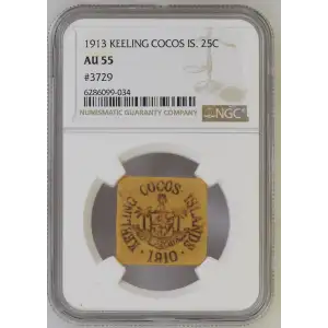 1913 KEELING COCOS ISLAND 25 CENTS NGC AU-55