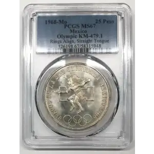 1968-Mo 25 Peso Olympic KM-479.1 Rings Align, Straight Tongue (2)