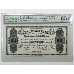 80 Cents 1901-1908, 1901 Cash Note Issue s. Specimen. Punch hole cancelled Newfoundland A6