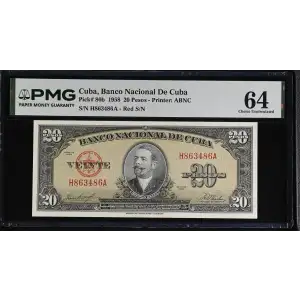 20 Pesos 1949-1960, 1949-1950 Issue b. Red serial #. 1958 Cuba 80 (2)